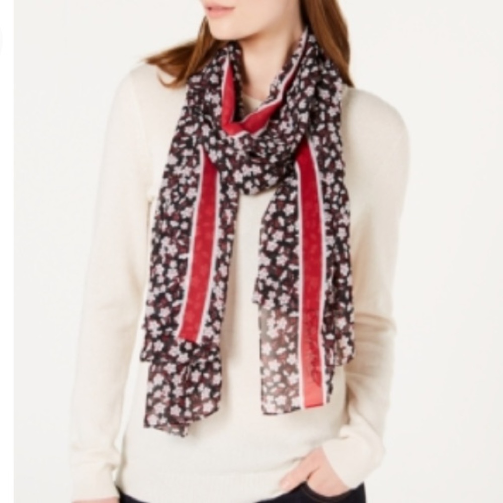 NEW Calvin Klein Silky Chiffon Floral Stripe Scarf, Black Burgandy